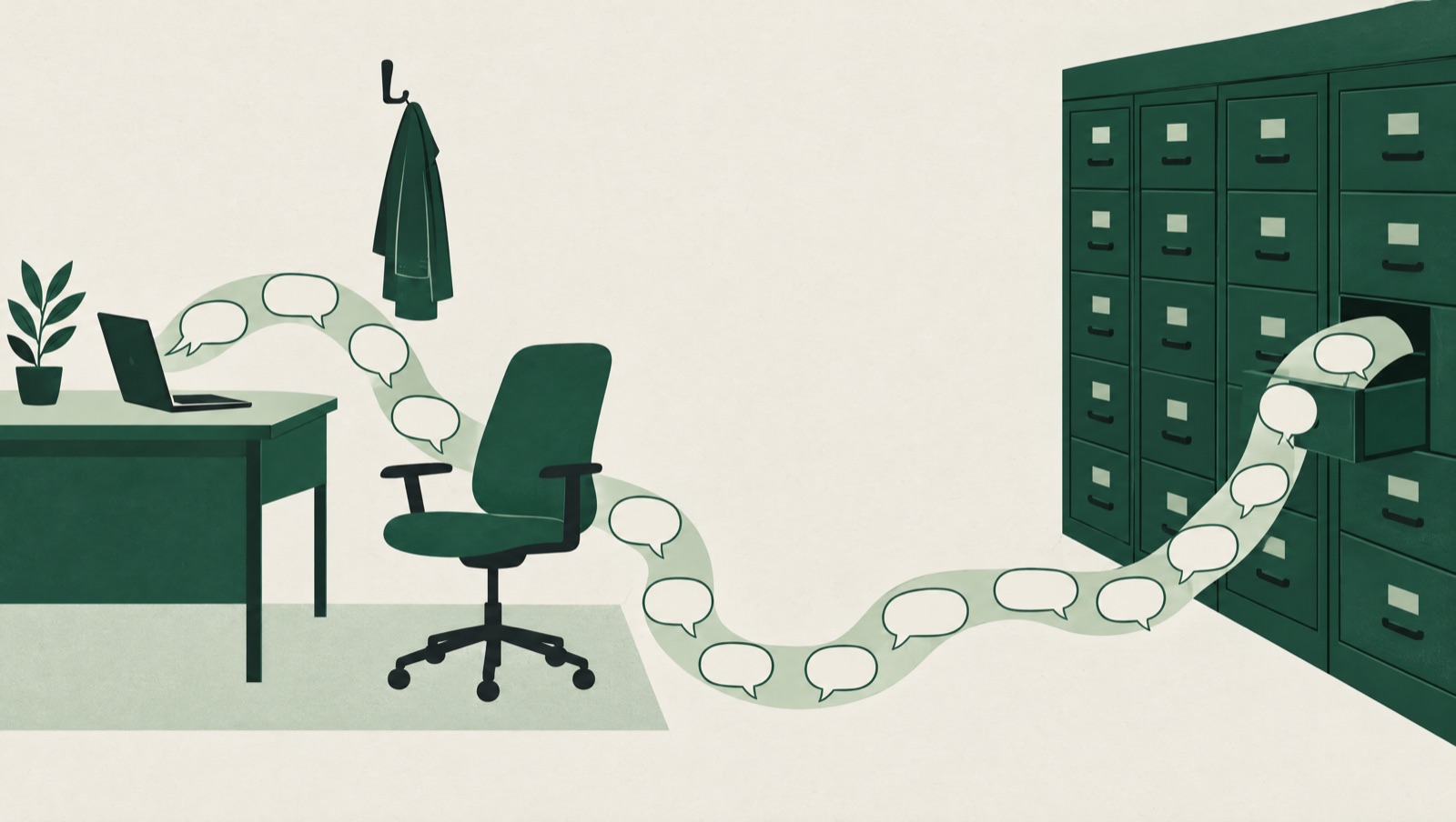 A ribbon of message bubbles running from a laptop into green archive drawers