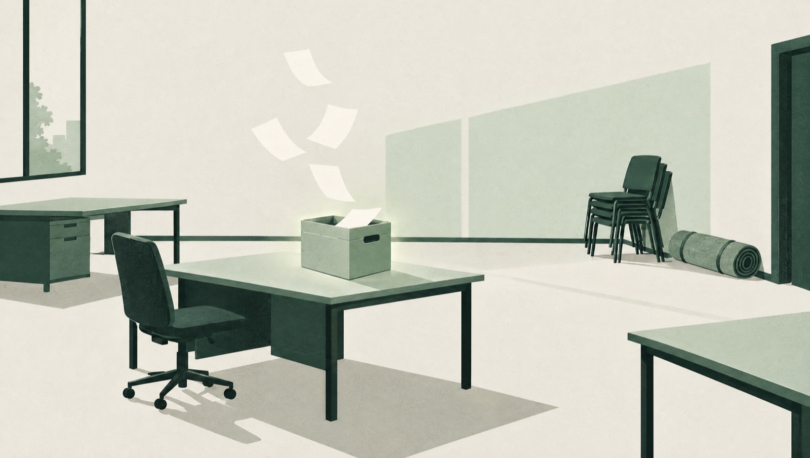 An emptied office with stacked chairs and one archive box left on a desk