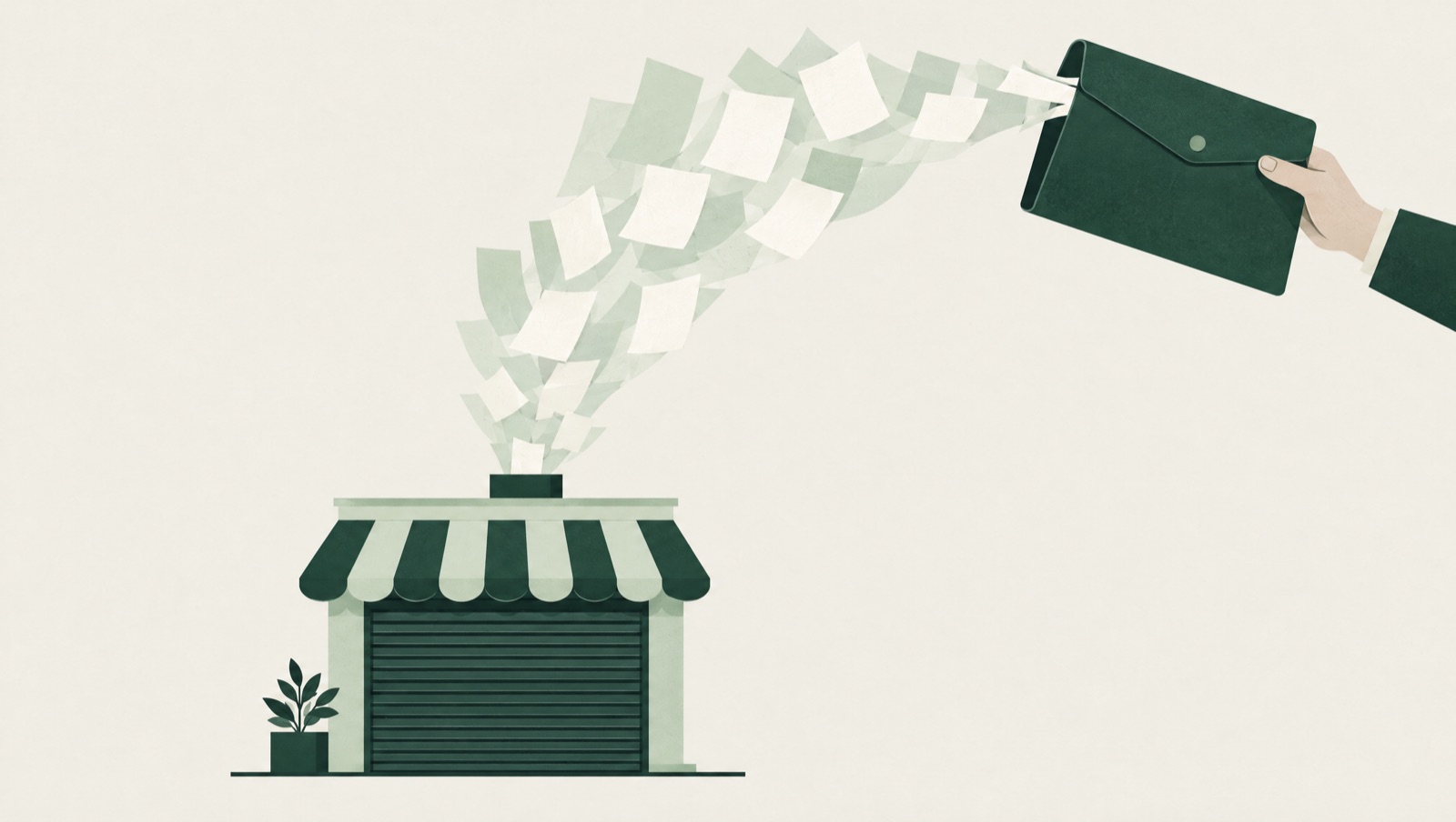 A shuttered shopfront with records rising into a single document wallet